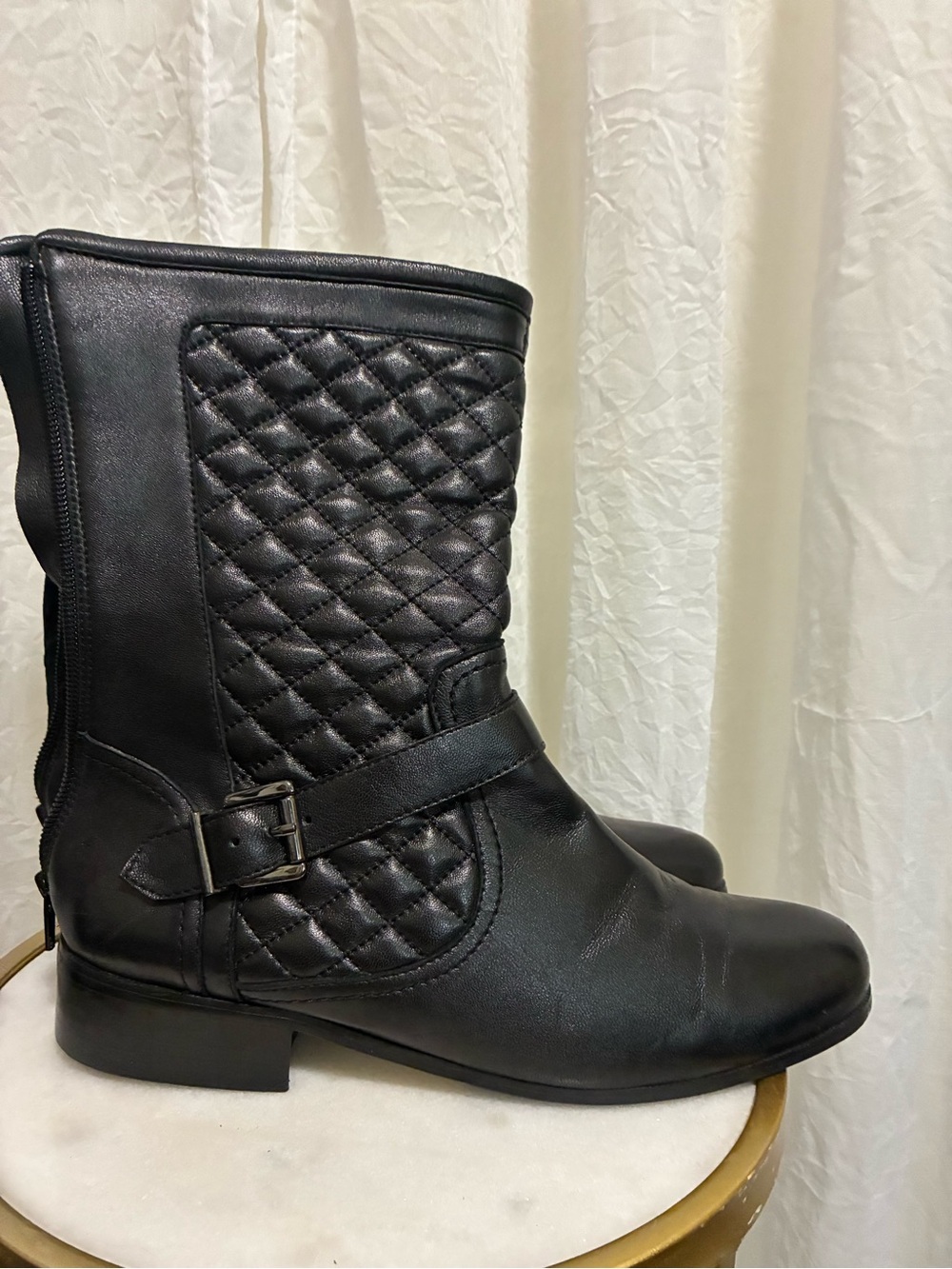 Quilted Black Mid-Calf Moto Boot with Buckle Strap